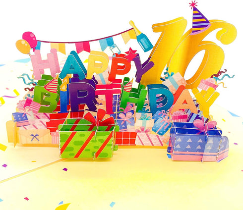 Liif Happy 16th 3D Greeting Pop Up Birthday Card, Large Size 8 x 6 inch for Girl, Boy, Son, Daughter