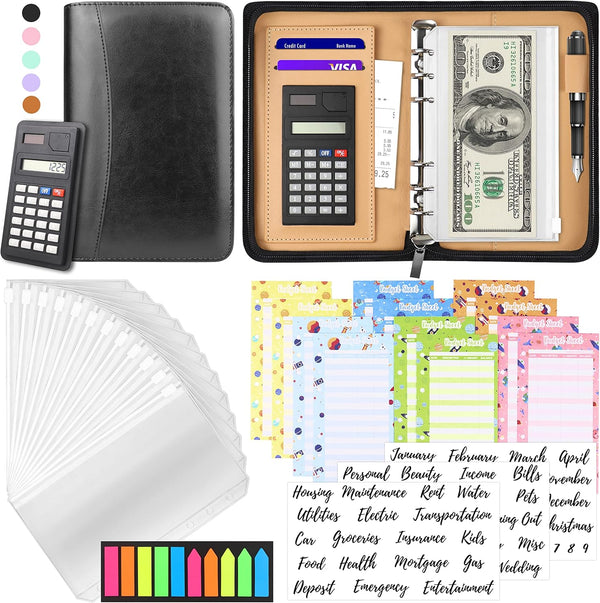 Budget Binder with Zipper Envelopes, Cash Envelopes for Budgeting, A6 PU Leather Planner 2024 with Cash Envelopes, Bill