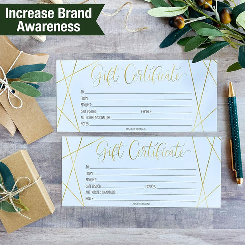 Hadley Designs 25 Gold Geo Blank Gift Certificates for Small Business, Elegant Paper Voucher for DIY Coupon Cards, 4x9"