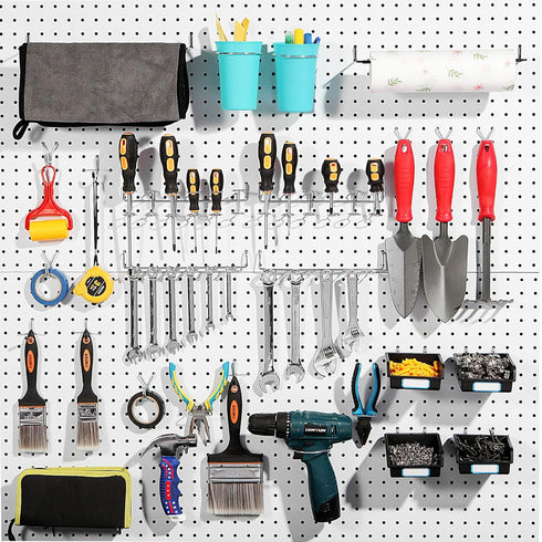 FRIMOONY Pegboard Hooks with Bins, Peg Locks for Organizing Various Tools, 131 PCS Total
