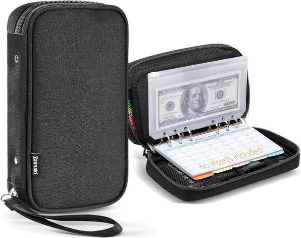 Zannaki A6 Zipper Binder, 6 Ring Personal Planner Journal, Budget Binder Cover Case, Black Portable Organizer
