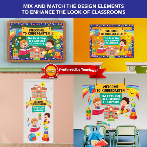 Decorably Kindergarten Bulletin Board Set - 49 Pcs Welcome Decorations with Borders for Back to School