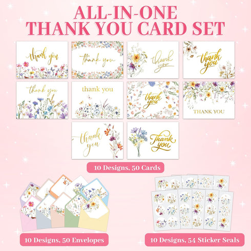 50 Pack 6x4in 10 Decorably Gold Foiled Wildflower Thank You Cards Wedding with Envelopes and Stickers, Folded