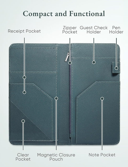 Green Server Book with Zipper Pocket and Magnetic Closure Server Booklet Waitress Book Serving Book with Money Pocket