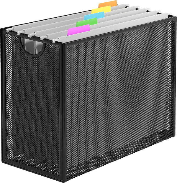 Hanging File Organizer, Letter-Size File Holder Filing Box with 5 Hanging Folders, Metal Mesh Desk File Folder Storage