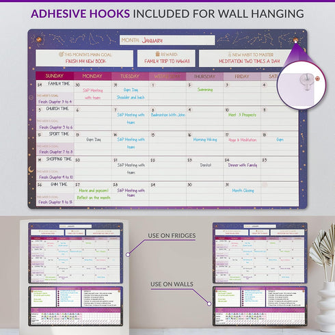 White Board Calendar Dry Erase, Magnetic Planner for Fridge & Wall - 10.5" x 16.5" with 5 Markers & 6 Adhesive Hooks