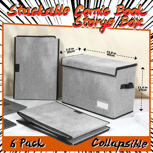 Chuangdi 6 Pcs Comic Book Storage Boxes - Collapsible Short Box Case with Lid, Holds 150 Comics (Gray)