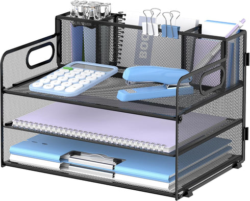 SUPEASY 3 Tier Desk Organizer with Handle & 3 Pen Holders, Mesh Paper/File Organizer for Office Supplies