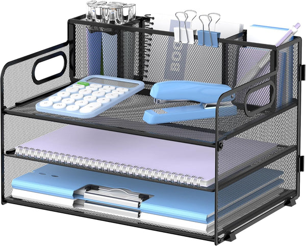 SUPEASY 3 Tier Desk Organizer with Handle & 3 Pen Holders, Mesh Paper/File Organizer for Office Supplies