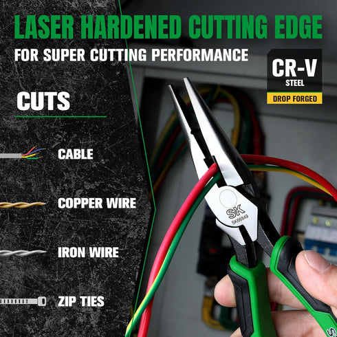 SK 8-Inch Long Nose Pliers, Needle Nose Pliers, Premium CR-V Steel with Ergonomic Non-slip Handle