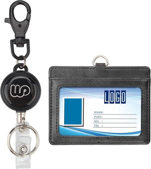 Wisdompro ID Badge Holder with Retractable Keychain, 2-Sided PU Leather Pass Card Holder, 2 Card Slots, Black,