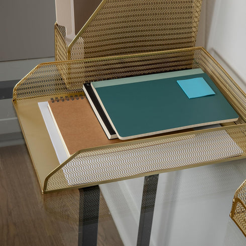 Martha Stewart Ryder Gold Mesh Metal Paper Letter Inbox Tray, 2 Pack Desktop Organizer
