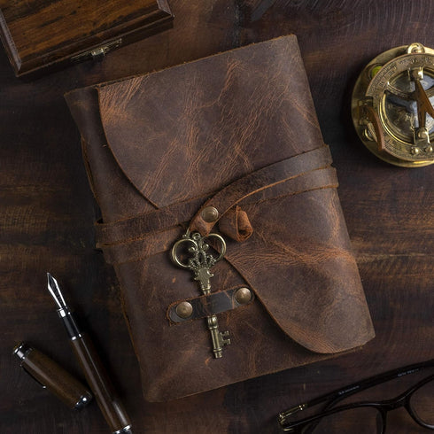 Vintage Leather Journal - Leather Bound Journal with Antique Handmade Deckle Edge Vintage Paper - Book of Shadows (Red