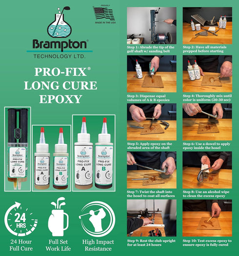 Brampton PRO-FIX Long Cure Golf Epoxy - Extra Strength Full Set Work Life for All Shafts, Heads, Drivers