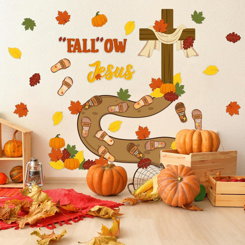 BeYumi 70Pcs Christian Bulletin Board Set - Fall Leaves, Pumpkin, Cross Cutouts for Sunday School Decor