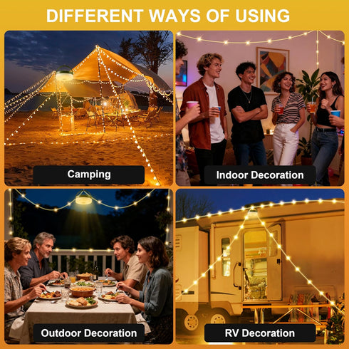 33FT 13 3000mAh Solar Camping String Lights, Retractable Waterproof LED Camp Light with Light Modes, Rechargeable
