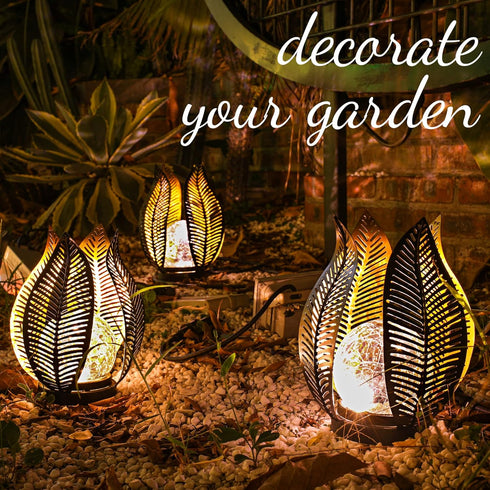Solar Garden Lights Waterproof Decorations,Crackle Globe Glass,Metal Palm Leaf Solar Lights for Outdoor Decor On
