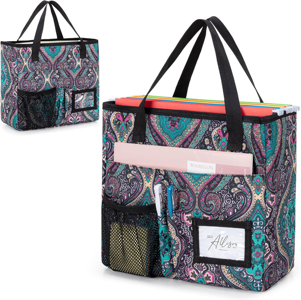 LoDrid Foldable File Tote Bag with Handles, Portable Organizer Box with 3 Built-in Boards for Letter Size Files,
