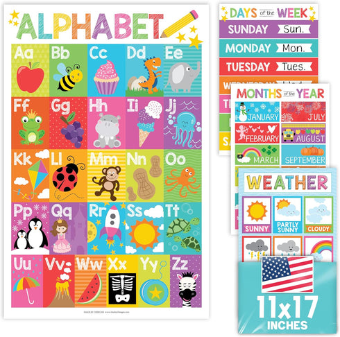 Hadley Designs 4 Alphabet, Months, Weather, Days of The Week Calendar for Kids, Laminated Charts 11x17