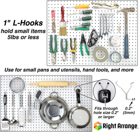 100-Pack Stainless Steel Pegboard Hooks 1" L - Fits Any Peg Board, Will Not Fall Out - Organize Tools, Garage, Crafts