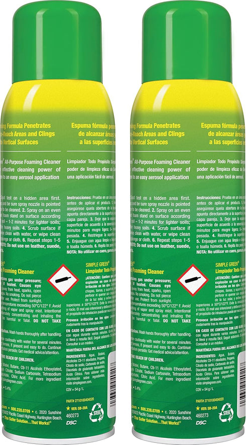 Simple Green All-Purpose Cleaner, 20 Oz Foaming Aerosol Cleaner, All-Purpose Cleaning and Degreasing (Pack of 2)