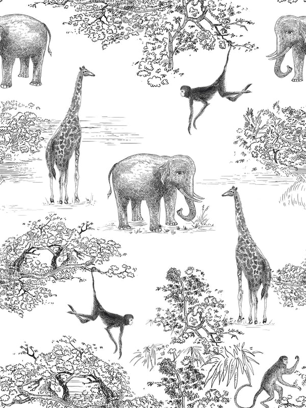 Peel and Stick Wallpaper for Kids Room, Giraffe and Elephant Black/White Vintage Contact Paper, 17.7 x 118.1