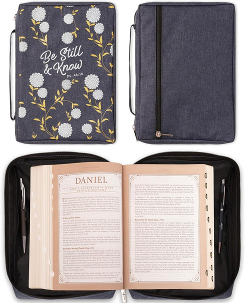 Christian Art Gifts Be Still & Know Psalm 46:10 Bible Cover, Navy Canvas, Medium for Men/Women