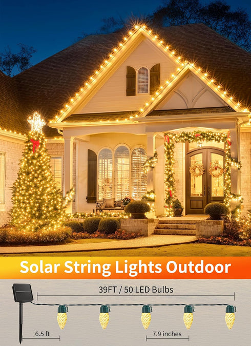50 C9 8 Solar Christmas Lights Outdoor, LED Strawberry String Light with Timer & Light Mode, Waterproof Solar Christmas