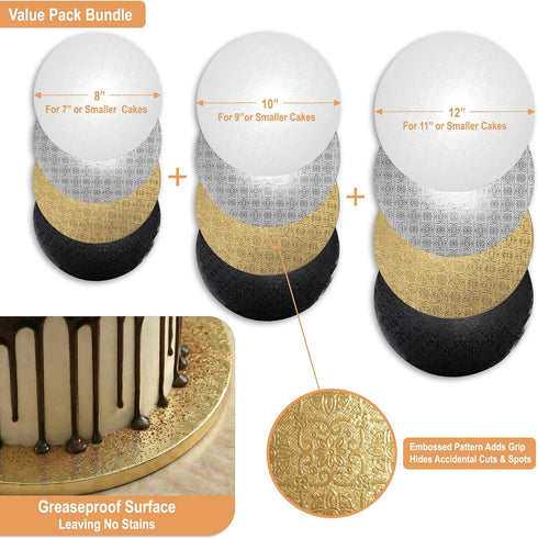 8, 10 12 Inch (12 Pack) 1/2" BOARDS+ Sleek Cake Drums & in White, Silver, Gold & Black Color | Thick CakeBoard Circle