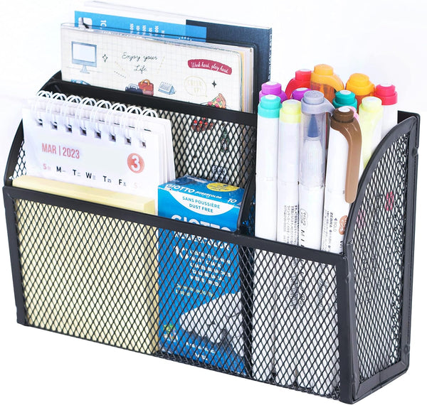 DALTACK Magnetic Pencil Holder, 3-Grid Mesh Magnetic Shelf for Whiteboard, Refrigerator, Locker Organizer
