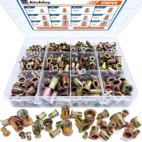 Ktehloy Rivet Nut Kit, 470Pcs SAE & Metric UNC Rivet Nut, Zinc Plated