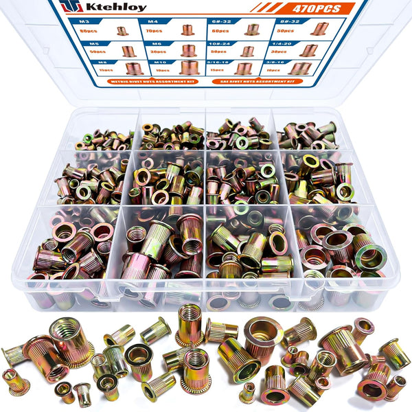 Ktehloy Rivet Nut Kit, 470Pcs SAE & Metric UNC Rivet Nut, Zinc Plated