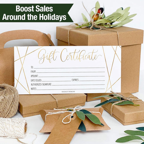 Hadley Designs 25 Gold Geo Blank Gift Certificates for Small Business, Elegant Paper Voucher for DIY Coupon Cards, 4x9"