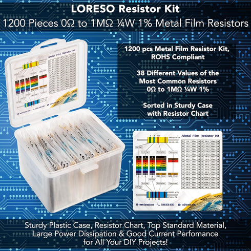 Loreso Resistor Variety Pack, 1200 pcs 1/4W 1% Metal Film Resistor Pack, ROHS Compliant