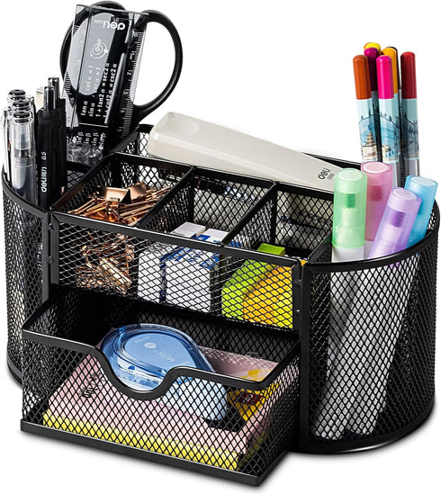 deli Black Mesh Desk Organizer with Drawer, Metal Stationary Caddy, 8 Compartments for Office Desktop Storage