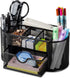 deli Black Mesh Desk Organizer with Drawer, Metal Stationary Caddy, 8 Compartments for Office Desktop Storage