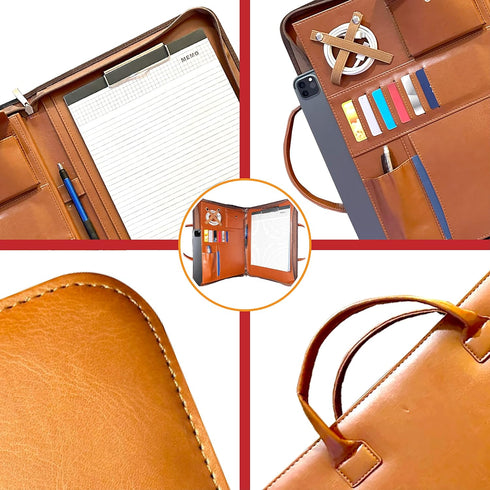 FUNTACY Premium Leather Portfolio with Handles, Slim Padfolio with Multiple Compartments for Documents, iPad, Notebook