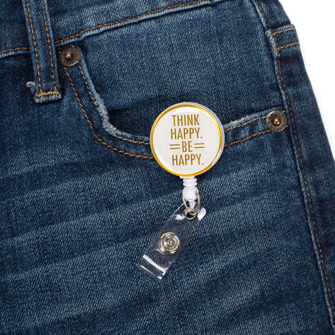 Think Happy Be Happy Gold Tone White Badge Reel with Alligator Clip for ID