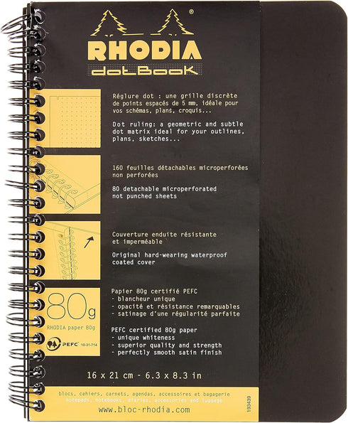 RHODIA 193439C A5+ Spiral Notebook, Full Bound, Dot Dot, 160 Detachable Pages, White Clairefontaine Paper