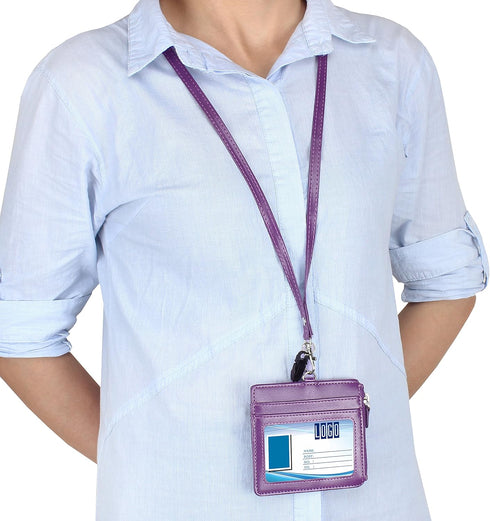 Wisdompro 2-Sided PU Leather ID Badge Holder with Zip, 1 ID Window, 4 Card Slots, 20 Inch Lanyard Strap - Purple