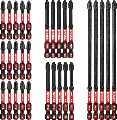 Impact Tough #2 Phillips Mixed Driver Bits, 30 Pack, 2/3/6 in. D2 Steel Long Extension, 1/4 Inch Hex Shank