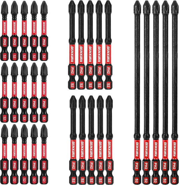 Impact Tough #2 Phillips Mixed Driver Bits, 30 Pack, 2/3/6 in. D2 Steel Long Extension, 1/4 Inch Hex Shank