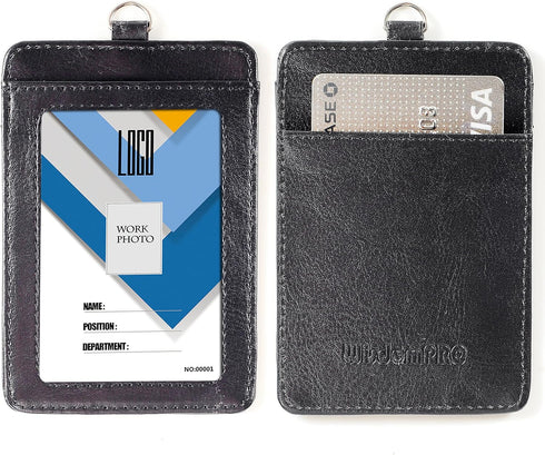Wisdompro ID Badge Holder with Retractable Keychain, 2-Sided PU Leather Pass Card Holder, Black, Vertical