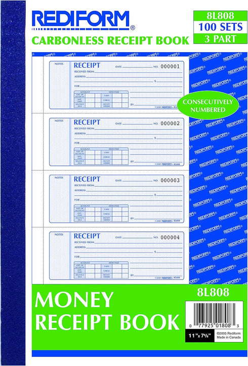 Rediform 11" 8", 100 Sets (8L808) Money Receipt Book, Manifold Cover, Carbonless Triplicate Forms, x Numbered