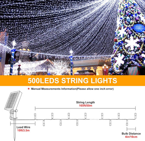 mimigogo Outdoor,500 165FT 8 Solar String Lights LED Christmas Lights with Modes and Timer, Remote Control for Holiday