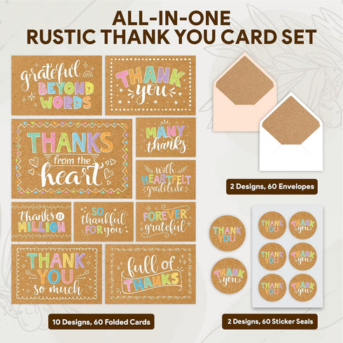 60 Pack 6x4in 10 Decorably Rustic Thank You Cards Bulk with Envelopes & Stickers, Folded Cute Kraft & Pastel Designs