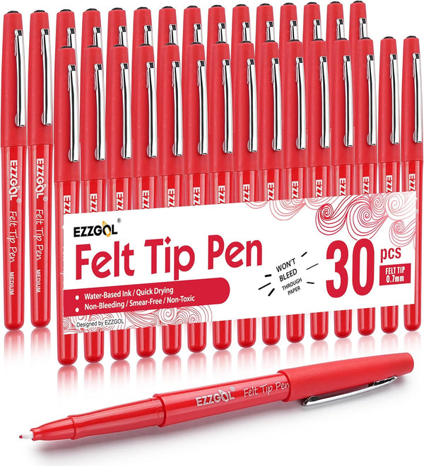Red Felt Tip Pens, 30 Pack, 0.7mm Premium Medium Fine Point Markers for Writing, Journaling, and Drawing