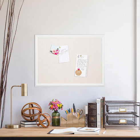 U Brands Farmhouse Linen Bulletin Board, 23"x17", White Wood Style Frame, Industrial Grade Pinning Surface