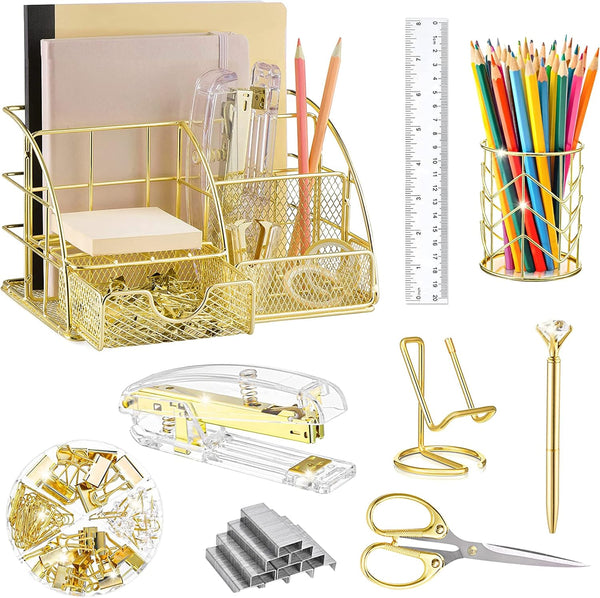 Gold Desk Organizers and Accessories Set - Office Supplies with Stapler, Pen Holder, Phone Holder, Scissors, Clips,