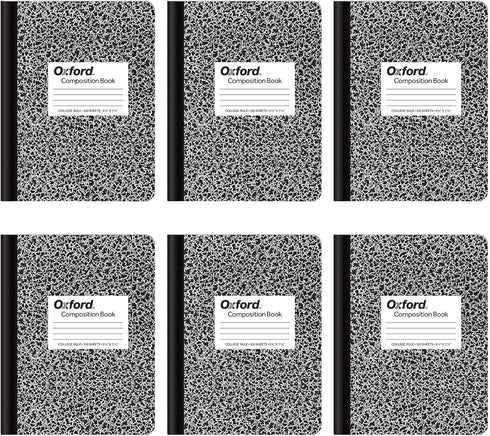 Oxford Composition Notebooks, 6 Pack School Supplies, College Ruled Paper, 100 Sheets, Black, 9-3/4 x 7-1/2 Inches